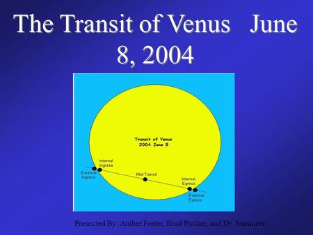 The Transit of Venus June 8, 2004 Presented By: Amber Foster, Brad Prather, and Dr. Summers.