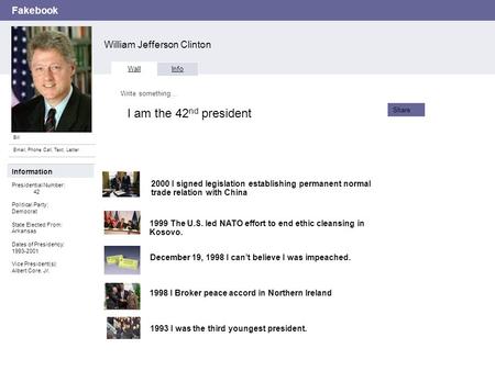 Fakebook William Jefferson Clinton Bill Email, Phone Call, Text, Letter Wall Info Write something… Share Information Presidential Number: 42 Political.