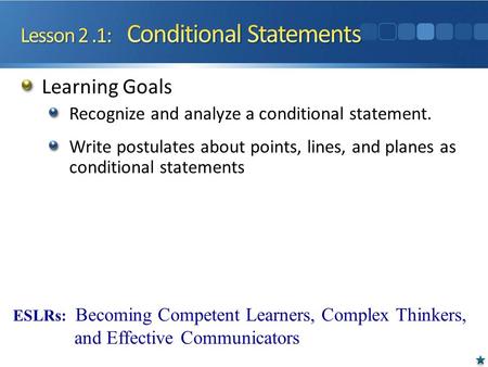 Learning Goals Recognize and analyze a conditional statement. Write postulates about points, lines, and planes as conditional statements ESLRs: Becoming.