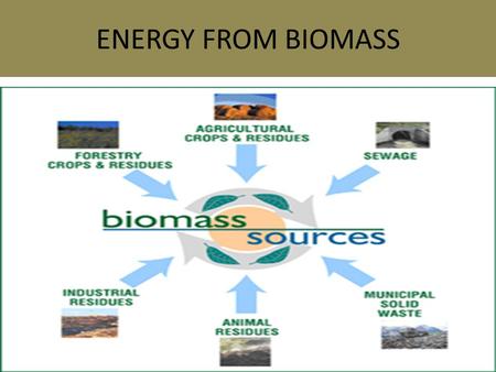 ENERGY FROM BIOMASS. Biomass Biomass energy is energy produced from burning wood or plant residue, or from organic wastes (manure, dung). Algae is most.