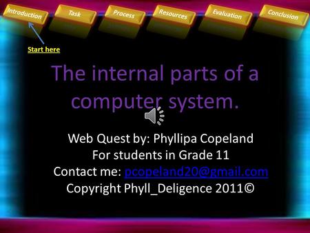The internal parts of a computer system. Start here Web Quest by: Phyllipa Copeland For students in Grade 11 Contact me: