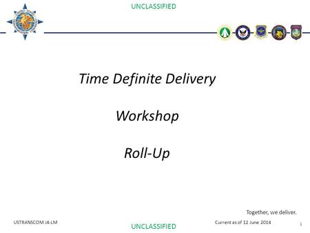 1 Together, we deliver. UNCLASSIFIED USTRANSCOM J4-LMCurrent as of 12 June 2014 Time Definite Delivery Workshop Roll-Up.