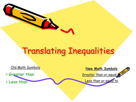 Translating Inequalities Old Math Symbols > Greater than < Less than New Math Symbols Greater than or equal to Less than or equal to.