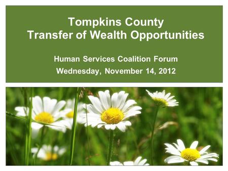 Tompkins County Transfer of Wealth Opportunities Human Services Coalition Forum Wednesday, November 14, 2012.