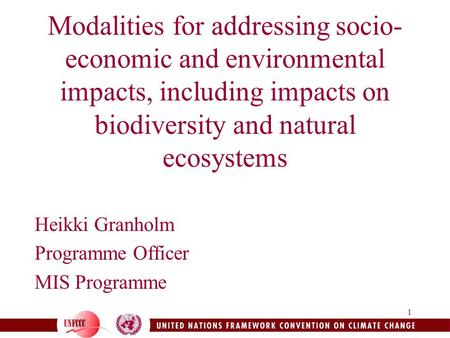1 Modalities for addressing socio- economic and environmental impacts, including impacts on biodiversity and natural ecosystems Heikki Granholm Programme.