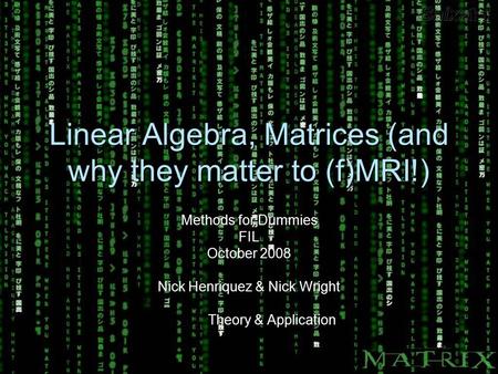 Linear Algebra, Matrices (and why they matter to (f)MRI!) Methods for Dummies FIL October 2008 Nick Henriquez & Nick Wright Theory & Application Theory.