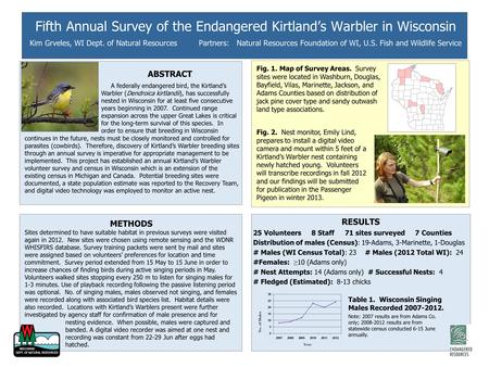 Fifth Annual Survey of the Endangered Kirtland’s Warbler in Wisconsin Kim Grveles, WI Dept. of Natural Resources Partners: Natural Resources Foundation.