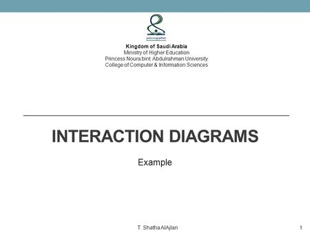 INTERACTION DIAGRAMS Example Kingdom of Saudi Arabia Ministry of Higher Education Princess Noura bint Abdulrahman University College of Computer & Information.