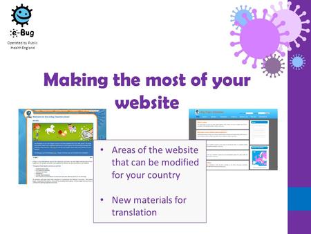 Operated by Public Health England Making the most of your website Areas of the website that can be modified for your country New materials for translation.