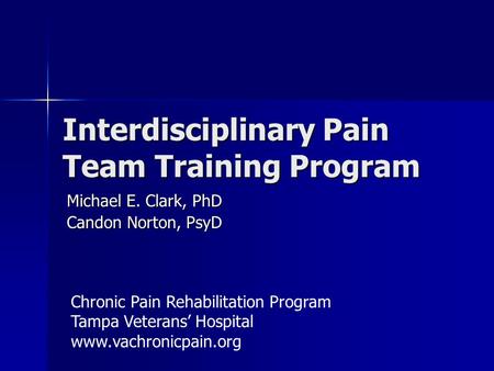 Interdisciplinary Pain Team Training Program Michael E. Clark, PhD Candon Norton, PsyD Chronic Pain Rehabilitation Program Tampa Veterans’ Hospital www.vachronicpain.org.