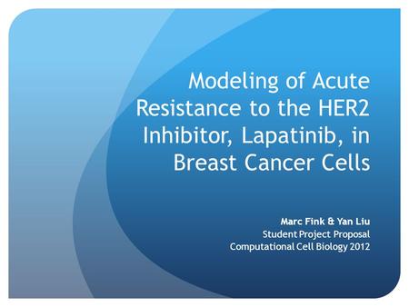 Modeling of Acute Resistance to the HER2 Inhibitor, Lapatinib, in Breast Cancer Cells Marc Fink & Yan Liu Student Project Proposal Computational Cell Biology.