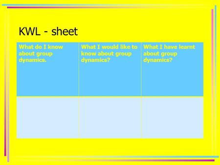 KWL - sheet What do I know about group dynamics. What I would like to know about group dynamics? What I have learnt about group dynamics?