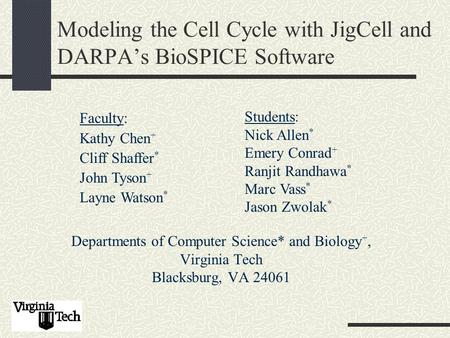 Modeling the Cell Cycle with JigCell and DARPA’s BioSPICE Software Departments of Computer Science* and Biology +, Virginia Tech Blacksburg, VA 24061 Faculty: