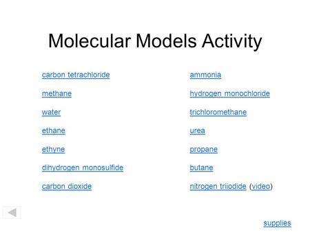 Molecular Models Activity ammonia hydrogen monochloride trichloromethane urea propane butane nitrogen triiodidenitrogen triiodide (video)video carbon tetrachloride.