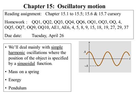 We’ll deal mainly with simple harmonic oscillations where the position of the object is specified by a sinusoidal function. Mass on a spring Energy Pendulum.