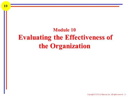 1 Copyright © 2000 by Harcourt, Inc. All rights reserved. (1) 10 Evaluating the Effectiveness of the Organization Module 10 Evaluating the Effectiveness.