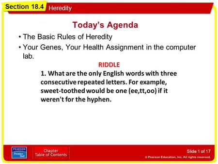 Section 18.4 Heredity Today’s Agenda The Basic Rules of Heredity Your Genes, Your Health Assignment in the computer lab. Slide 1 of 17.