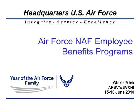 I n t e g r i t y - S e r v i c e - E x c e l l e n c e Headquarters U.S. Air Force 1 Air Force NAF Employee Benefits Programs Gloria Mick AFSVA/SVXHI.