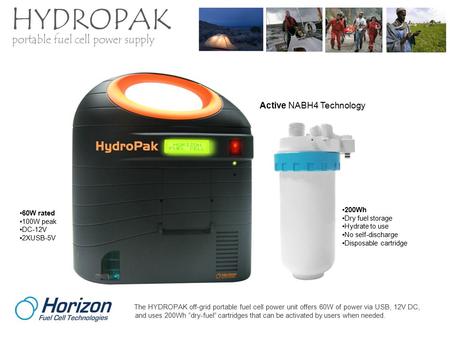 The HYDROPAK off-grid portable fuel cell power unit offers 60W of power via USB, 12V DC, and uses 200Wh “dry-fuel” cartridges that can be activated by.