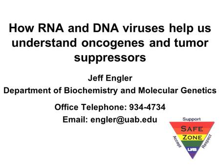 How RNA and DNA viruses help us understand oncogenes and tumor suppressors Jeff Engler Department of Biochemistry and Molecular Genetics Office Telephone: