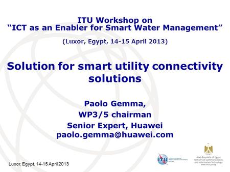 Luxor, Egypt, 14-15 April 2013 Solution for smart utility connectivity solutions Paolo Gemma, WP3/5 chairman Senior Expert, Huawei