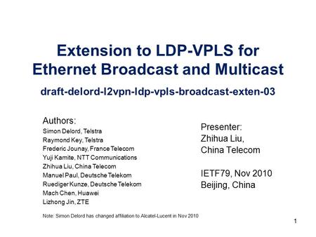 Extension to LDP-VPLS for Ethernet Broadcast and Multicast draft-delord-l2vpn-ldp-vpls-broadcast-exten-03 Presenter: Zhihua Liu, China Telecom IETF79,