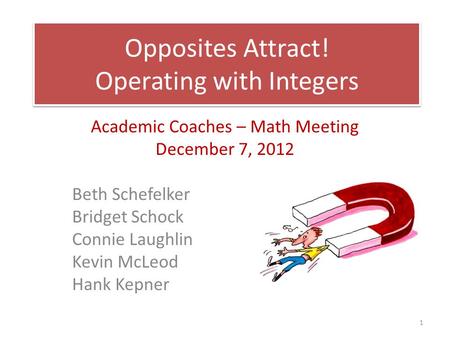Opposites Attract! Operating with Integers Academic Coaches – Math Meeting December 7, 2012 Beth Schefelker Bridget Schock Connie Laughlin Kevin McLeod.