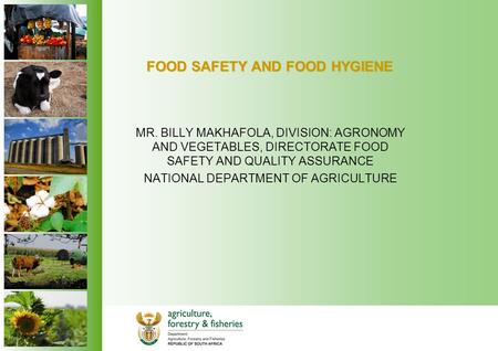FOOD SAFETY AND FOOD HYGIENE MR. BILLY MAKHAFOLA, DIVISION: AGRONOMY AND VEGETABLES, DIRECTORATE FOOD SAFETY AND QUALITY ASSURANCE NATIONAL DEPARTMENT.