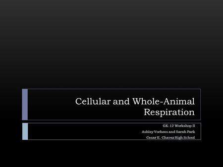 Cellular and Whole-Animal Respiration GK-12 Workshop II Ashley Vorhees and Sarah Park Cesar E. Chavez High School.