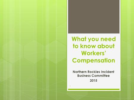 What you need to know about Workers’ Compensation Northern Rockies Incident Business Committee 2015 1.
