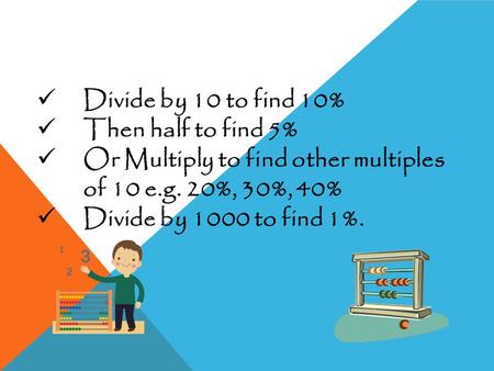Divide by 10 to find 10% Then half to find 5% Or Multiply to find other multiples of 10 e.g. 20%, 30%, 40% Divide by 1000 to find 1%.