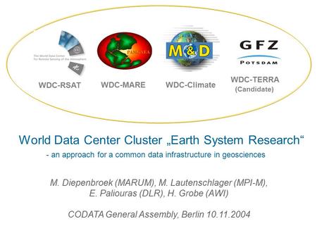 M. Diepenbroek (MARUM), M. Lautenschlager (MPI-M), E. Paliouras (DLR), H. Grobe (AWI) CODATA General Assembly, Berlin 10.11.2004 World Data Center Cluster.