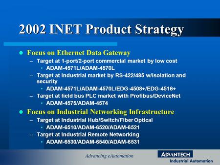 2002 INET Product Strategy Focus on Ethernet Data Gateway –Target at 1-port/2-port commercial market by low cost ADAM-4571L/ADAM-4570L –Target at Industrial.