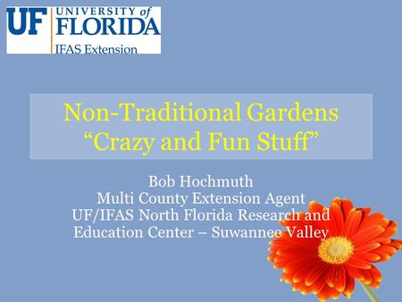 Non-Traditional Gardens “Crazy and Fun Stuff” Bob Hochmuth Multi County Extension Agent UF/IFAS North Florida Research and Education Center – Suwannee.