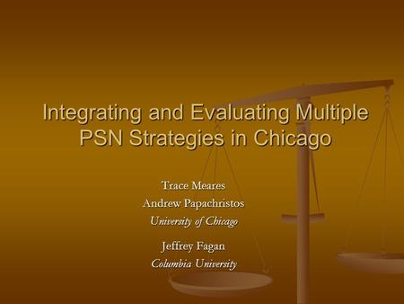 Integrating and Evaluating Multiple PSN Strategies in Chicago Trace Meares Andrew Papachristos University of Chicago Jeffrey Fagan Columbia University.