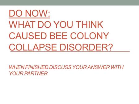 DO NOW: WHAT DO YOU THINK CAUSED BEE COLONY COLLAPSE DISORDER? WHEN FINISHED DISCUSS YOUR ANSWER WITH YOUR PARTNER.