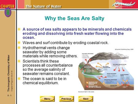 MenuPreviousNext 8 - 1 nA source of sea salts appears to be minerals and chemicals eroding and dissolving into fresh water flowing into the ocean. nWaves.