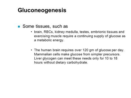 Gluconeogenesis Some tissues, such as brain, RBCs, kidney medulla, testes, embrionic tissues and exercising muscle require a continuing supply of glucose.