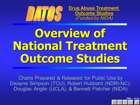 Slide 1 of 20 Overview of National Treatment Outcome Studies Charts Prepared & Released for Public Use by Dwayne Simpson (TCU), Robert Hubbard (NDRI-NC),