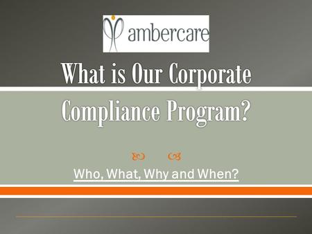  Who, What, Why and When?. 1. What is Corporate Compliance and a Compliance Program? 2. Reasons for and Value of an Effective Compliance Program 3. Essential.