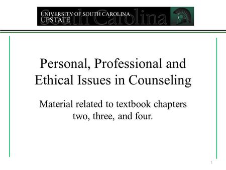 Personal, Professional and Ethical Issues in Counseling Material related to textbook chapters two, three, and four. 1.