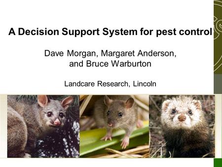 A Decision Support System for pest control Dave Morgan, Margaret Anderson, and Bruce Warburton Landcare Research, Lincoln.