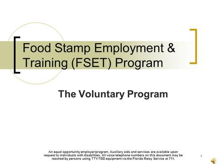 1 Food Stamp Employment & Training (FSET) Program The Voluntary Program An equal opportunity employer/program. Auxiliary aids and services are available.