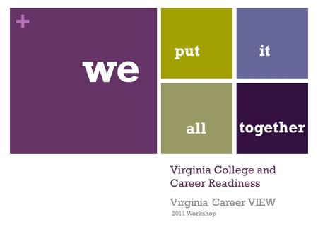 + Virginia College and Career Readiness Virginia Career VIEW 2011 Workshop we putit all together.