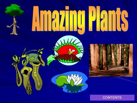 CONTENTS. Contents Venus fly trap Pitcher Plant Giant Redwood Amazonian Water Lily Amazing facts about plants!
