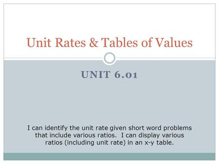UNIT 6.01 Unit Rates & Tables of Values I can identify the unit rate given short word problems that include various ratios. I can display various ratios.