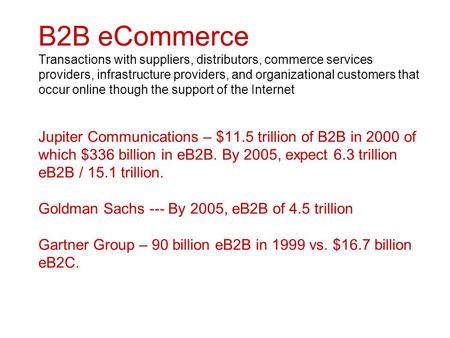 B2B eCommerce Transactions with suppliers, distributors, commerce services providers, infrastructure providers, and organizational customers that occur.