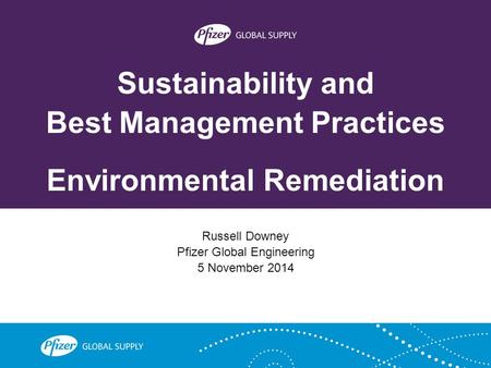 Sustainability and Best Management Practices Environmental Remediation Russell Downey Pfizer Global Engineering 5 November 2014.