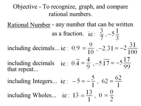Objective - To recognize, graph, and compare rational numbers. Rational Number - any number that can be written as a fraction. including decimals... including.