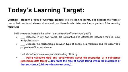 Today’s Learning Target: Learning Target #4 (Types of Chemical Bonds): We will learn to identify and describe the types of bonds that can form between.